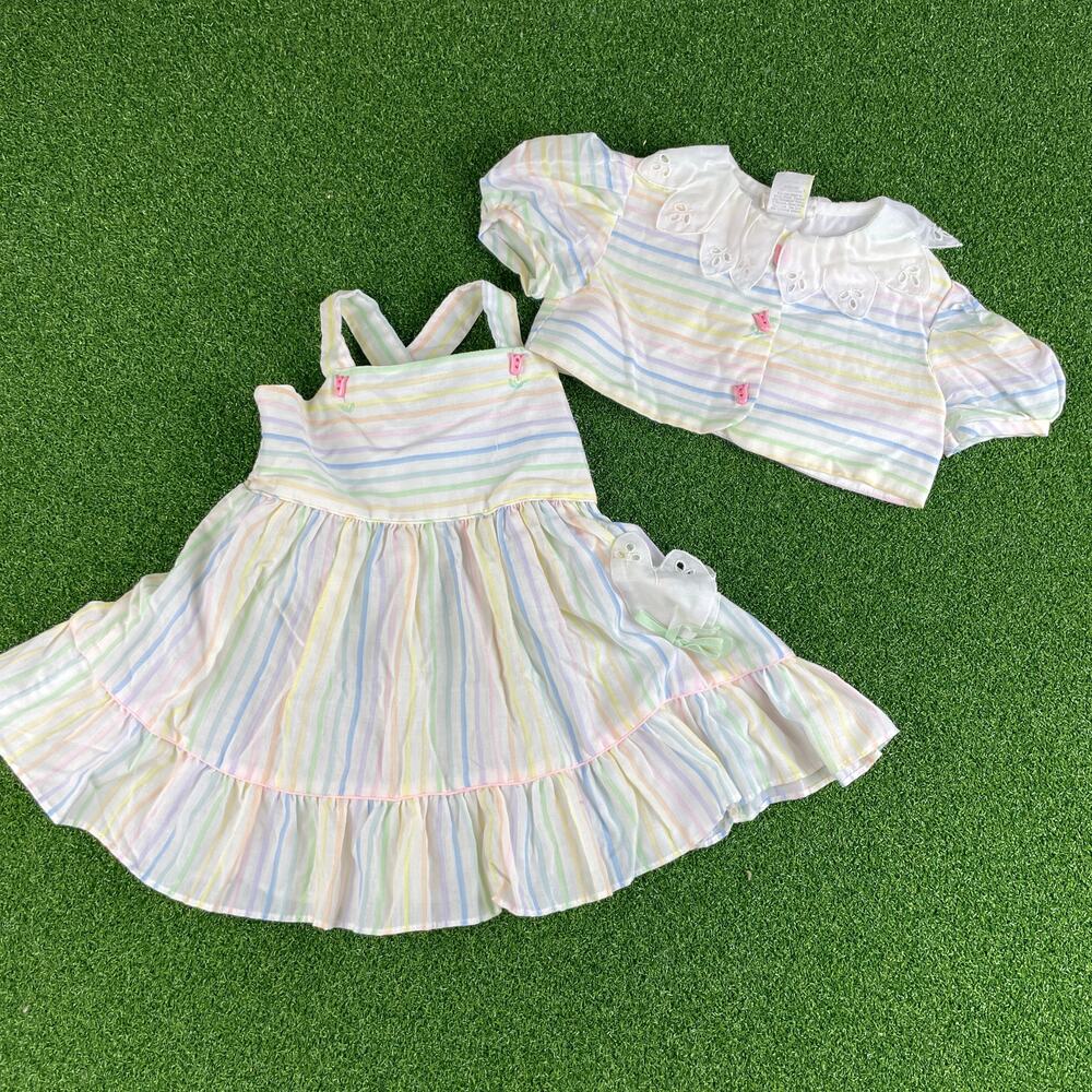 True Vintage 60s BabyTogs Pastel Striped Spring Tulip Button 2pc Dress Set Sz 2T